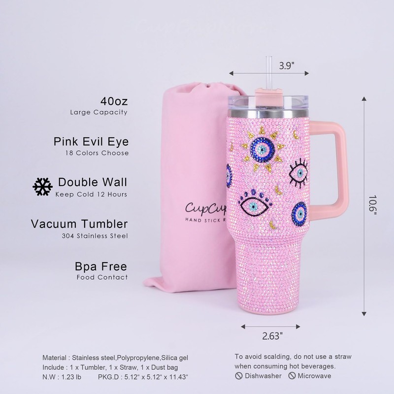 Cupcupmore 40 oz Pink Evil Eye Bling Rhinestone Stainless Steel