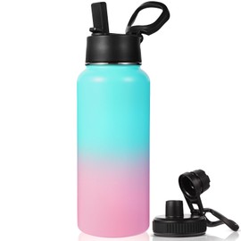 Neihepal 32 Ounce Insulated Water Bottle with Straw Lid & Spout Lid,18/8 Stainless Steel Double Wall Flask with Handle Keeps Hot or Cold,Ideal for School,Outdoor,Camping,Sports(Green Pink,1 Set)