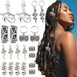 NAISKA 20PCS Silver Snake Dreadlock Accessories Locs Hair Jewelry Hair Beads Braid Accessories Hair Cuffs Eyes Hair Coils Rings Pendants for Braids Hair Clip Decoration