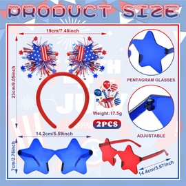 PhyLence 4 Pcs 4th of July Patriotic Accessories Set – 2 Star Headbands and 2 Star-Shaped Sunglasses for Independence Day, Memorial Day, Veterans Day, and USA-Themed Party Costumes