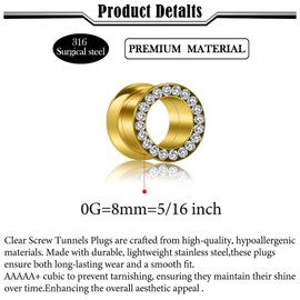 Uqnwbdq 0G Gold Ear Gauges Tunnels Plugs Earrings for Ears 0 Gauge 316L Surgical Stainless Steel Diamond Single Flare Screw Fit Back Tunnels Plugs Hollow Gauges Size 8mm 5/16 inch Women Men
