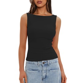 Darong Women's Boat Neck Tank Top Sleeveless Double Lined Basic Tops Going Out Casual Tank Shirts 9081 Black M