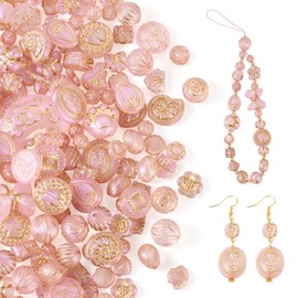 Pandahall 90pcs Vintage Golden Metal Enlaced Pearl Pink Assorted Heart Round Flower Transparent Acrylic Beads for Keychain Bracelet Necklace Jewelry Making