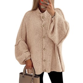 PRETTYGARDEN Women's Winter Button Down Cardigan Sweaters Mock Neck Lantern Long Sleeve Chunky Knit Jacket Trendy Outerwear (Apricot,Medium)
