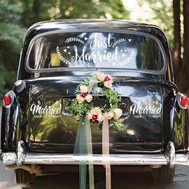 Just Married Car Stickers, Pack of 3 Stylish Love Wedding Car Stickers, Wall Stickers, Window Stickers, Waterproof Vinyl Stickers, Decoration for Honeymoon, Wedding Anniversary, Car, Bodywork, Side