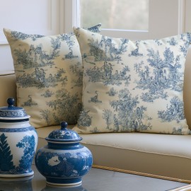 Breling 2 Pcs Chinoiserie Grandmillennial Pillow Covers Blue and White 18 x 18 Inch Throw Vintage Rustic Toile Pillowcases Cushion Pillow Covers for Couch Home Decor Soft Farmhouse Home Decor