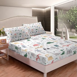 Cartoon Dinosaur Fitted Sheet Set Full Size for Kids Girls Boys Cute Dino Decor Bedding Set Kawaii Animal Bed Sheet Set Lovely Teens Bedroom Decor Bed Cover,1 Fitted Sheet+1 Pillow Case