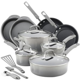 Rachael Ray 15 Piece Hard Enamel Nonstick Pots and Pans Set, Gray , BEST SALES - Color: Red