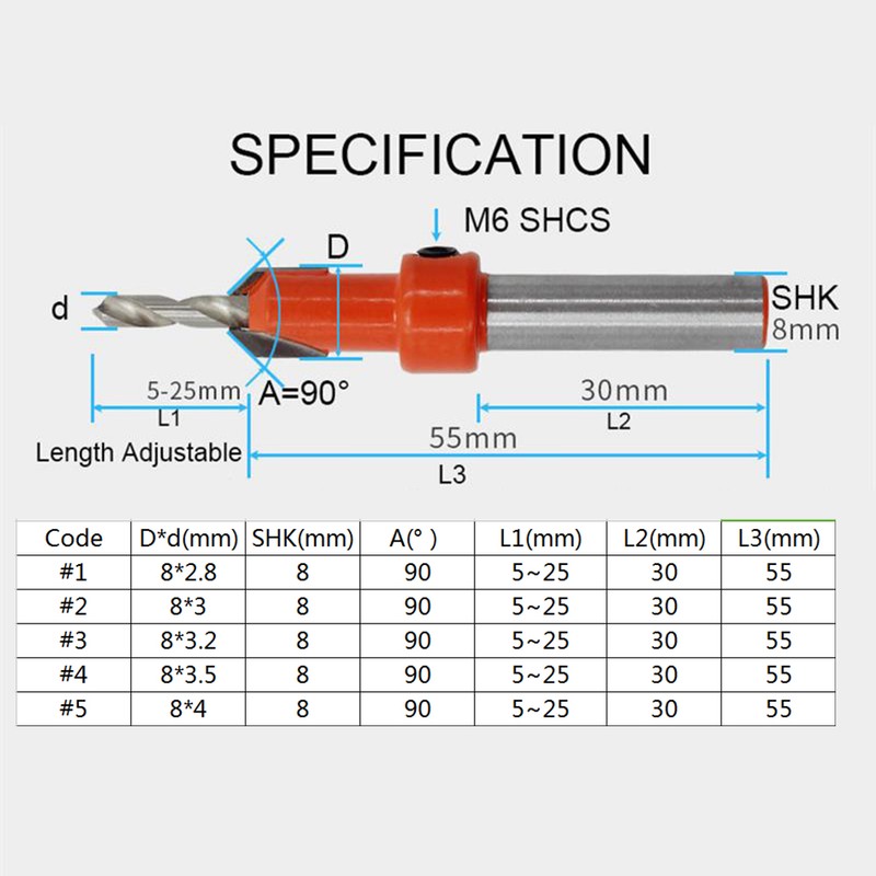 5pcs Countersink Drill Bit Woodworking Screws Chamfering Wood Hole Drills