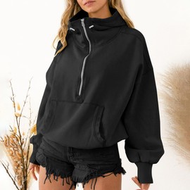TBA High Neck Hoodies for Women Oversized Half Zip Drawstring Y2K Pullover Sweater Casual Long Sleeve Sweatshirt with Pockets Black