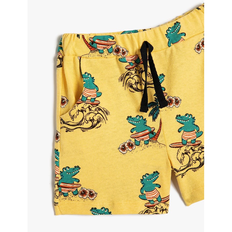 Koton Boys's Drawstring Pockets Crocodile Printed Cotton Shorts, Yellow Design(1d6)