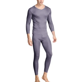 Grenasasilk Men's Silk Long Johns Mulberry Silk Long Underwear V-Neck Breathable Thermal Underwear Sets & Undergarments (S, Grey)