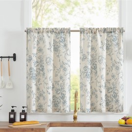 TOPICK Linen Kitchen Curtains Vintage Floral Curtains 24 Inch Botanic Print Cafe Curtains Small Half Window Curtains Rustic Translucent Short Curtains for Cupboard Bathroom 2 Panels Blue on Beige