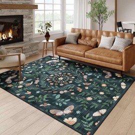 WARMYS 5x7 Floral Washable Area Rug for Living Room, Non-Slip Non-Shedding & Easy Care, Soft Low Pile Faux Wool Distressed Foldable Indoor Floor Carpet for Bedroom, Playroom, Nursery, Blue