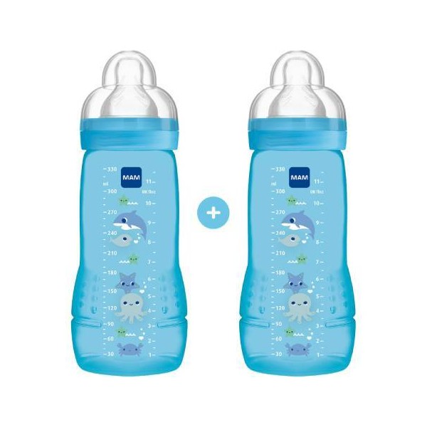 MAM 1+ 1 MAM Easy Active Baby Bottle for 4 Months+ for Boys, 2x330ml (CODE 365SB)