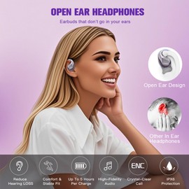 Xmenha Open Over The Ear Earbuds Ear Buds Air Bone Conduction Headphones Purple Wireless Bluetooth Out of Ear Earbuds for Small Ears Canals Women Kids with Ear Loop for Working Out Running Sport