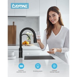 DAYONE Black Kitchen Faucet with Drinking Water Faucet, 3 in 1 Kitchen Sink Faucet with Purfied Water Faucet, 3 Holes Stainless Steel 3-Way Sink Faucet with Water Single Handle, Matte Black