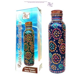 Rastogi Handicrafts Pure Copper Water Bottle for Ayurvedic Health Benefits (Joint Free & leak proof) outer side Hand Painted Water bottle