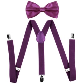 Men's Bow Tie and Y Shape Suspender Set Adjustable Elastic Solid Color (Dark Purple)