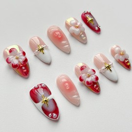 Luxury Press on Nails Medium Almond Handmade 3D Unique Reusable ABS Material Fake Nails Chrome French Tip False Nails with Designs Pink Flower Pearls Glossy Glue on Nail Thick Acrylic Nail(M)