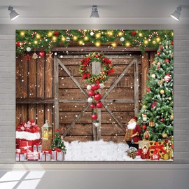 Christmas Backdrops for Photoshoot 10x8ft Vinyl Barn Wood Door Xmas Tree Gift Box Christmas Photography Backdrop Snowy Snowflake Xmas Wreath Xmas New Year Party Decorations Background Photo Booth