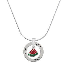 Delight Jewelry Silvertone Mini Enamel Watermelon Slice - Live Ring Charm Necklace, 18"