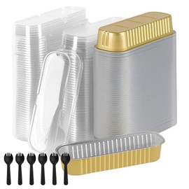 MUKSEUT 100 Pcs Mini Loaf Tins with Lids and Spoons, 200ml Rectangle Aluminum Foil Bakeware for Wedding Birthday Picnic (Gold)