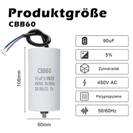 CBB60 450V 90µF 50/60HZ Capacitor 90UF, Capacitors, Suppression Capacitor, Starting Capacitor, Motor Capacitor, with Cables, M8.50 x 106 mm, for Motors, Swimming Pool Pumps, Wood Splitter