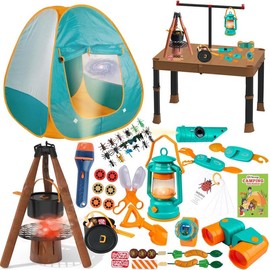 Qtioucp Kids Camping Set 50pcs with Folding Storage Table/Tent & Children’s Projector Flashlight- Outdoor Campfire Toy Set for Toddlers Kids - Pretend Play Camp Gear Tools for Birthday Christmas