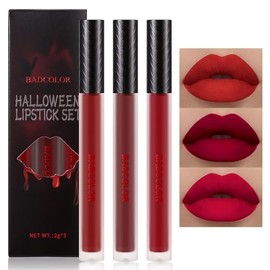 BADCOLOR- Juego de 3 lápices labiales líquidos rojos mate, brillo labial rojo rubí burdeos para mujeres, maquillaje de Halloween vampírico