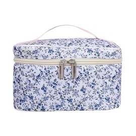 Floral Travel Cosmetic Bag, Blue and White Pattern, Portable Makeup Case with Pink Ribbon Handle Gift for Her Mother's Day Holiday Accessorie or Everyday Use