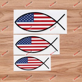Jesus Fish Christian USA American Flag Decal Vinyl Sticker - 3 Pack Glossy, 4 Inches, 5 Inches, 6 Inches - for Car Boat Laptop Cup
