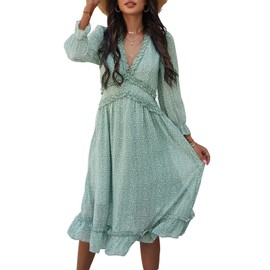 ZIYYOOHY Women's Elegant Summer Dresses Long Dress Chiffon Ruffle Flowers Long Sleeve V-Neck High Waist Maxi Dress Party Dress, 3016-Light Green