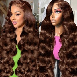 QNQZ Chocolate Brown Lace Front Wigs 13x6 HD Lace Front Wigs Human Hair 28 Inch Brown Body Wave Human Hair Wig for Black Women 220 Density