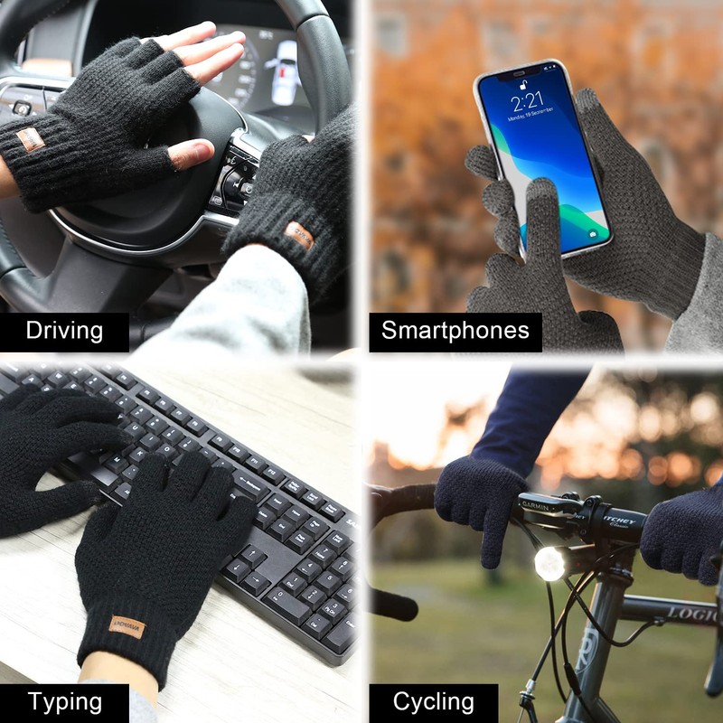 DOVAVA Fingerless Gloves for Men,Thermal Winter Touchscreen Kint Gloves for