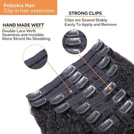 Pobokix Kinky Straight Clip in Hair Extensions Real Human Hair 8Pcs Remy Human Hair Clip in Extensions for Women, Natural Human Hair 120g 30inch #1B Natural Black