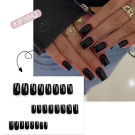 Solid Color Press on Nails Short square fake nails black nails glazed crystal nails acrylic artificial nails glossy nails women and girls' nail salon 24 pcs