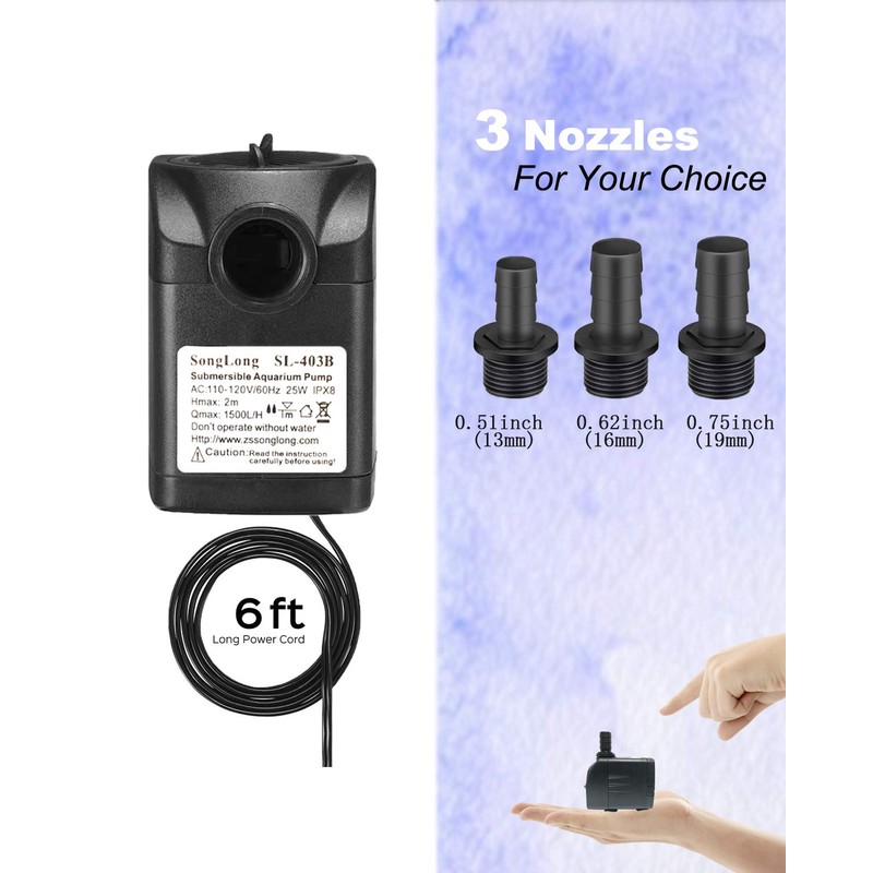 SongLong Submersible Pump 400GPH (1500L 25W) Ultra Quiet with Over