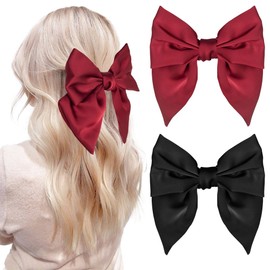 Bmobuo 2pcs Hair Bows for Women Girls Red Hair Bow Black Hair Bow Silky Bows Large Hair Bows Elegant Hair Clips for Women