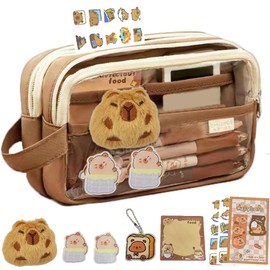 REYOK Capybara Pencil Case, Capybara Pencil Pouch, Transparent Pen Bag with 20 Stickers, 1 Memo Pad, 1 Keychain, 2 Magnetic Bookmark, 1 Plush & 2 Brooch Capybara School Supplies