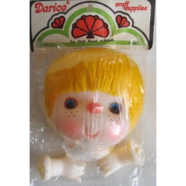 Darice Craft PACK of 1 SET Vinyl LARGE DOLL HEAD 3-1/2" & HANDS Set w Yellowy/Orange 'YARN' HAIR (Made in Hong Kong)