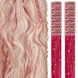 FESHFEN Clip in Hair Tinsel 12 PCs Red Clip ins Glitter Tinsel Hair Extensions Sparkle Fairy Hair Party Dazzle Colorful Hair Accessories Strands Kit for Women 20 Inch