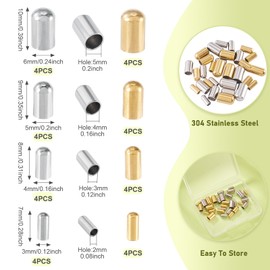 Bestewelry 32 Pcs Column Stainless Steel Cord End 7-10x3-6mm Bulk Column Cord End Caps Rope Stoppers for Jewelry Making Necklace Bracelet Finding, Golden & Silver Color