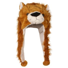 Cute Plush Animal Character Winter Hat Fun Ski Cap with Detailed Animal Face Long Ear Straps with Pom Pom Ends (Lion)