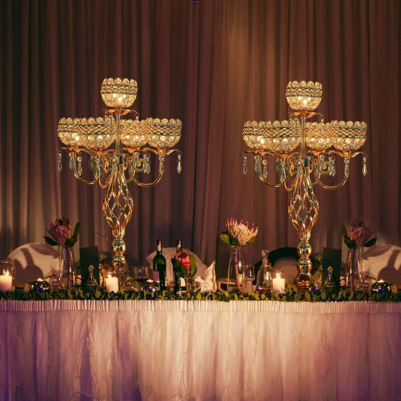 Crystal Candelabra Centerpiece, 5-Light Gold Metal Stand with Hanging Crystals,
