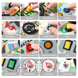Youuys Montessori Busy Board Kinder mit simuliertem Lenkrad und LED-Lichtschaltern - Holzschalttafel für Kleinkinder Busy Board- Board Geschenk für Jungen und Mädchen
