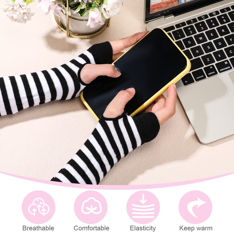 Long Arm Warmers Striped Fingerless Gloves for Women, Black and