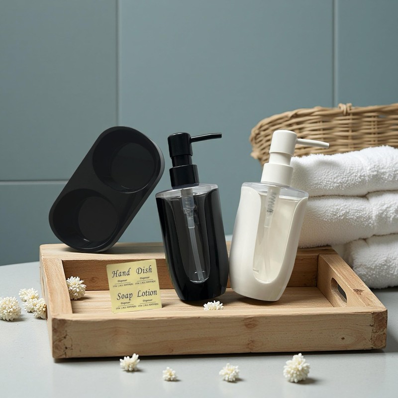 Hand and Dish Soap Dispenser with Black Tray & 4