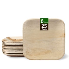 RAJRANG 25 Pcs Disposable Palm Leaf Plates - Organic Wooden Plates Biodegradable and Compostable Natural Eco-Friendly Square Party Plates 15x15 cm