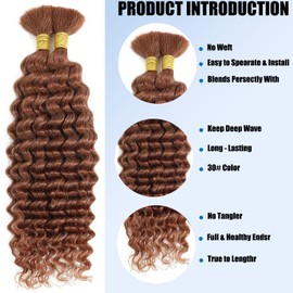 Dabork Human Braiding Hair 18 Inch 100g 2 Bundles/Pack Bulk Deep Wave No Weft Human Hair for Boho Box Braids Extensions #30 Auburn Ginger